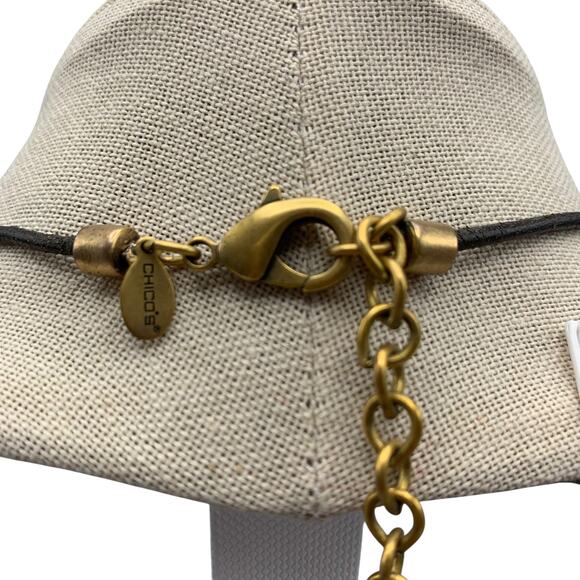Chicos Choker Pendant Necklace Aztec Design Metal Silver Gold Tone Black Leather - Picture 6 of 8